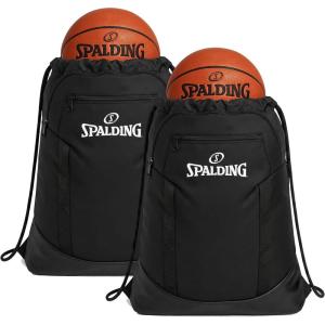 imageSpalding Drawstring Backpack Sports Bag  Black Waterproof Gym Bag  Cinch Sack with Separate Shoe and Ball Holder for Travel Basketball Sports 2 Pack2